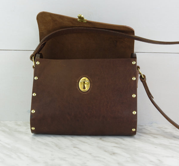 Brown Leather Shoulder bag with Wenge Wood Sides