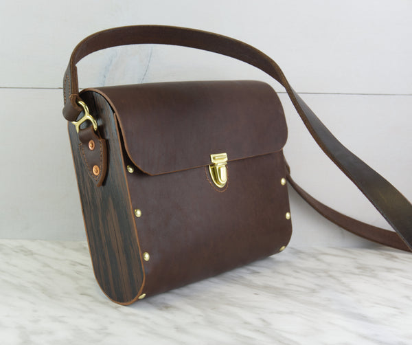 Brown Leather Shoulder bag with Wenge Wood Sides