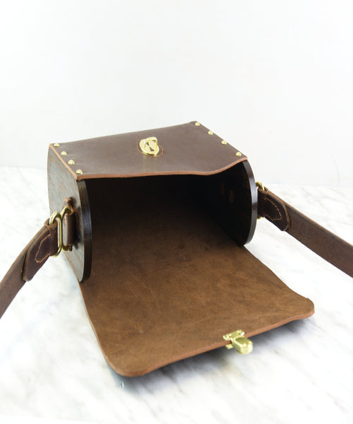 Brown Leather Shoulder bag with Wenge Wood Sides