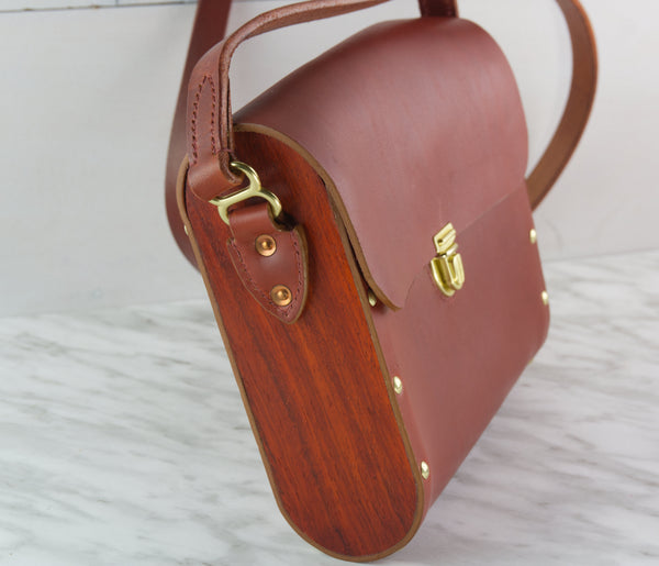 Red Leather Shoulder Bag with Padauk Wood Sides