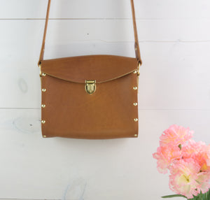 Tan Leather Shoulder Bag with Rosewood Wood Sides