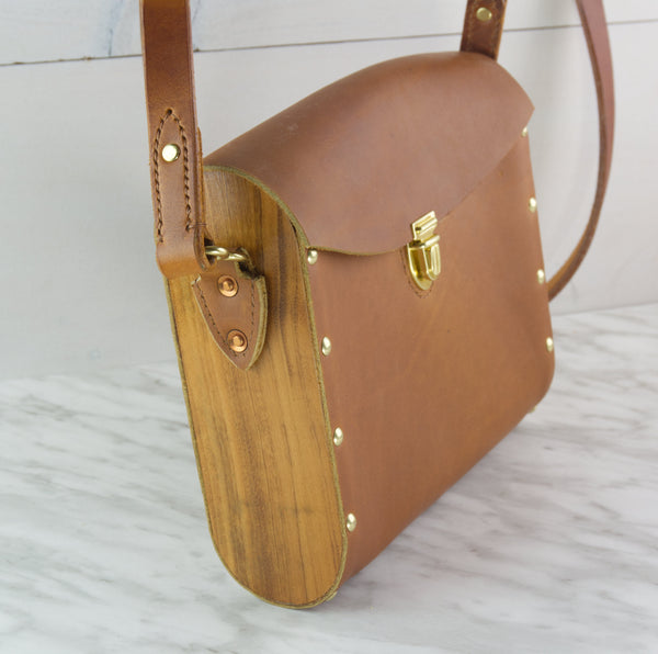 Tan Leather Shoulder Bag with Rosewood Wood Sides